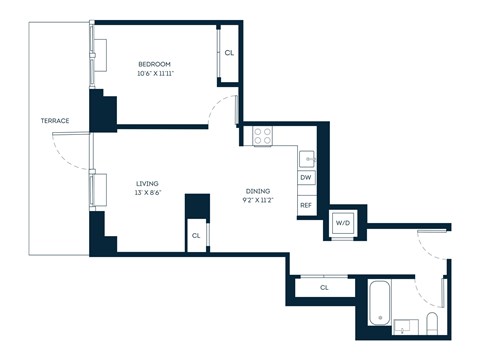 Floor plan for 1 bed, 1 bath, 676 sqft